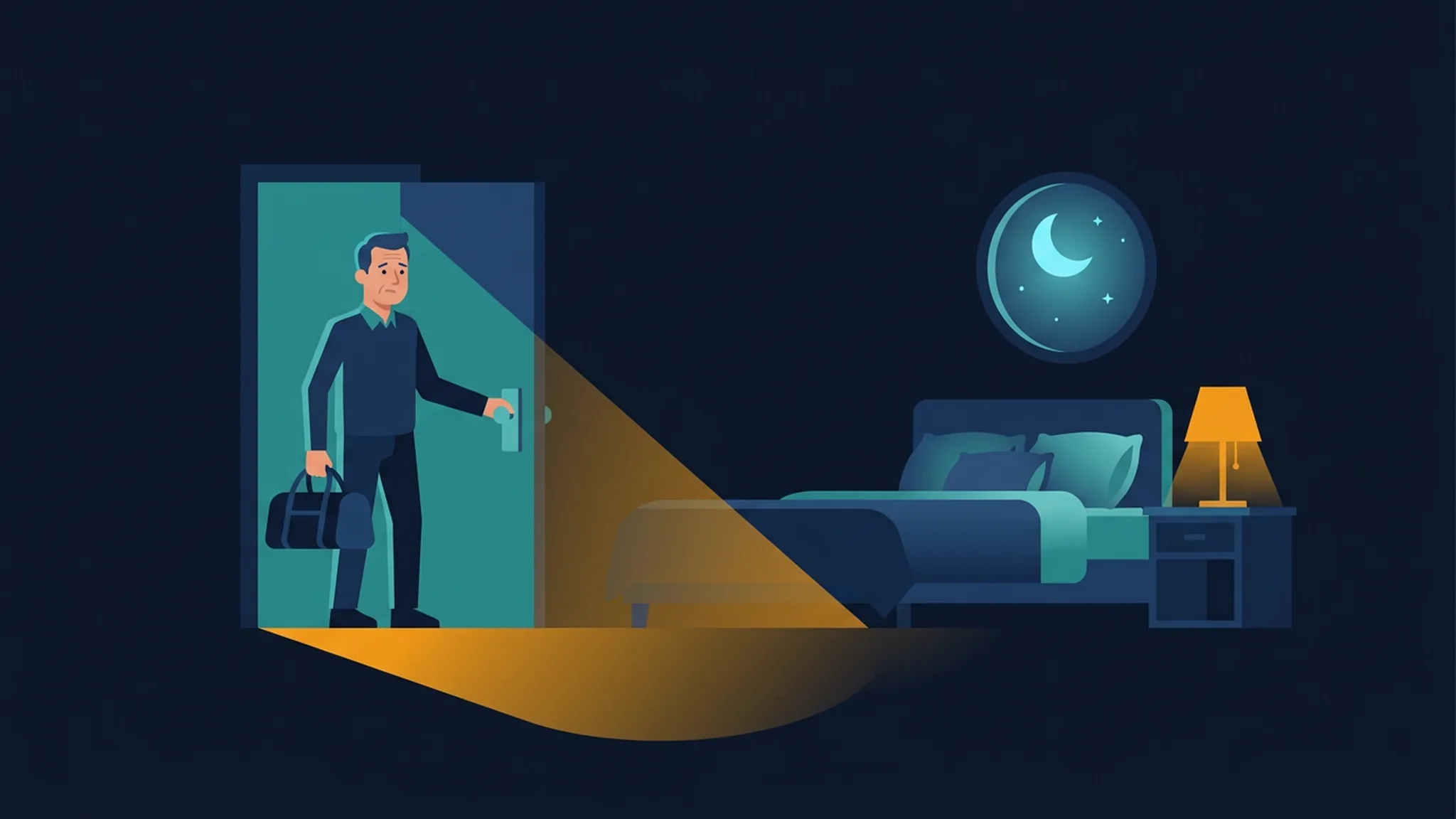 Illustration in Dunkelblau und Teal: Mann mit kleiner Tasche steht in der Tür eines freundlichen Schlaflabor-Zimmers mit warmem Licht