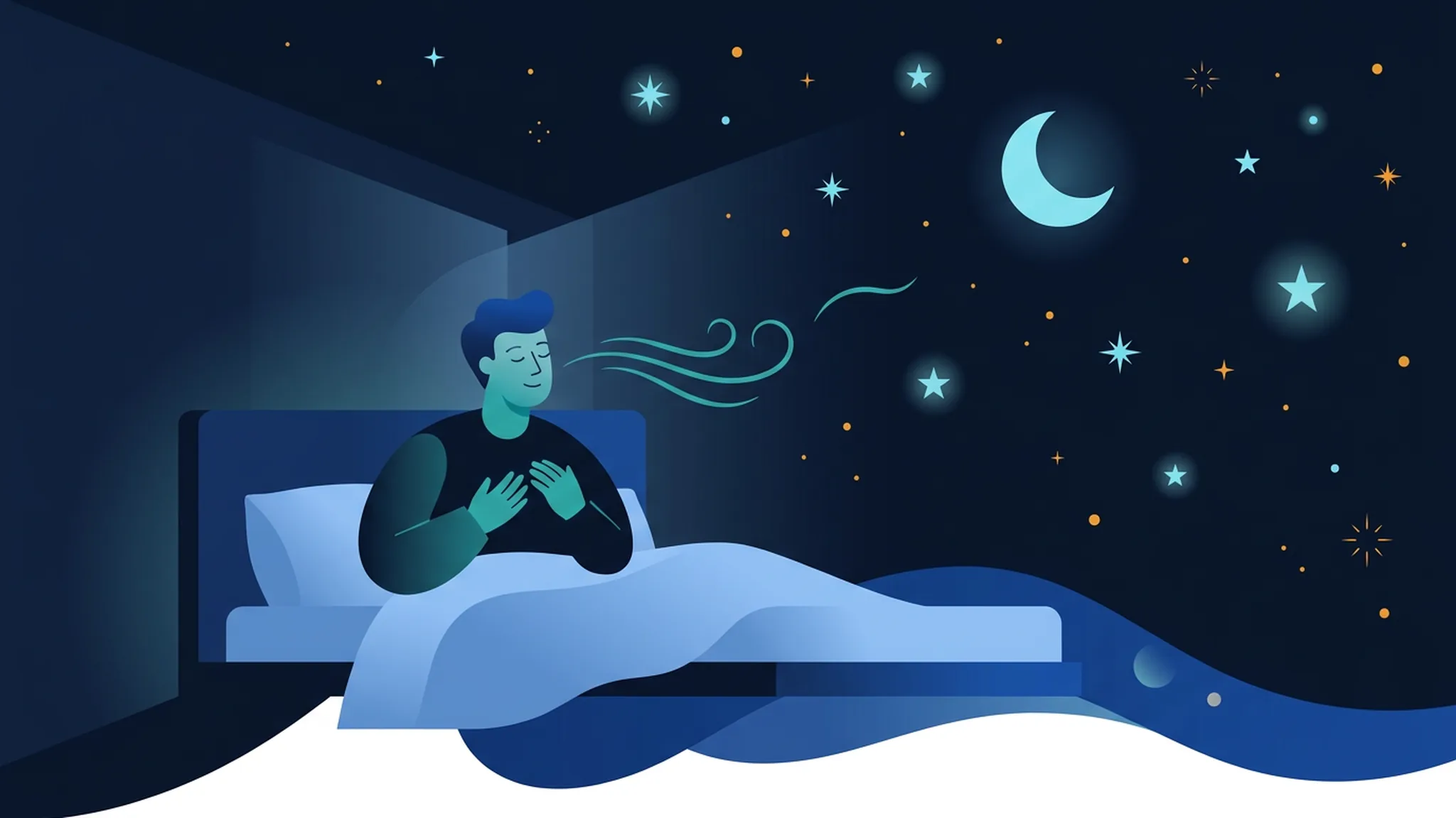 Illustration in Dunkelblau und Teal: Mann sitzt aufrecht im Bett und atmet ruhig, um ihn öffnet sich ein weiter Sternenhimmel