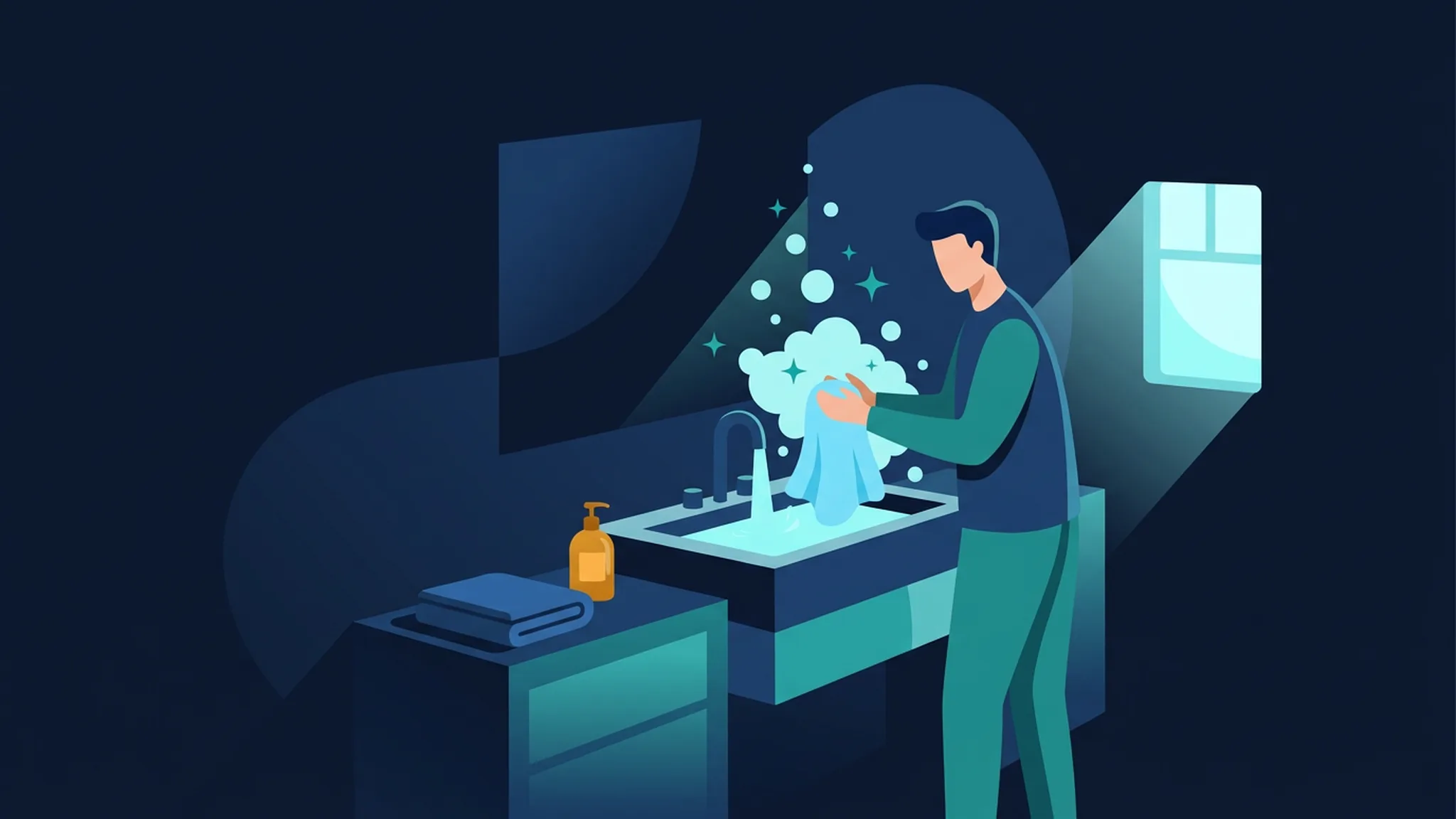 Illustration in Dunkelblau und Teal: Mann wäscht am Waschbecken ein Tuch mit milder Seife, Schaumblasen und frische Funken steigen auf