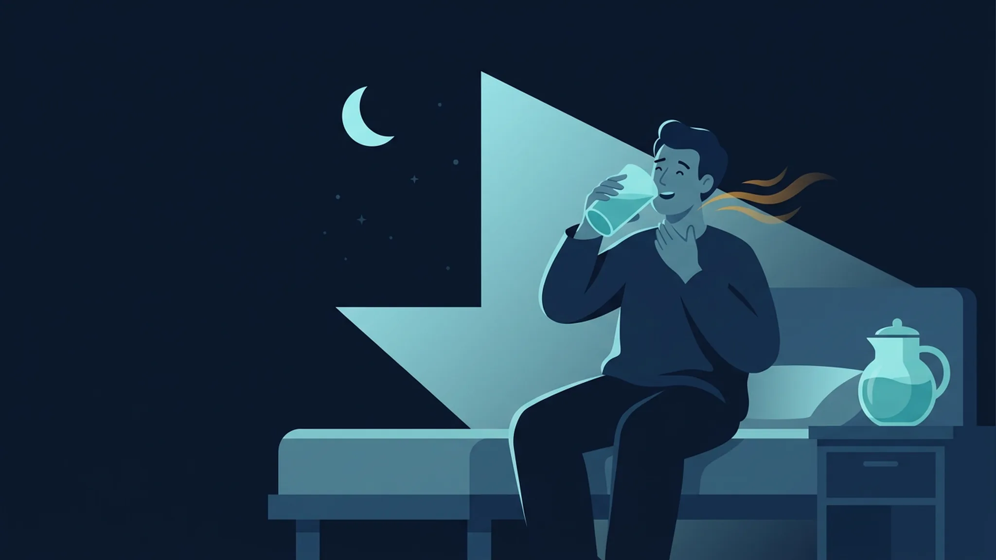Illustration in Dunkelblau und Teal: Mann sitzt nachts auf der Bettkante und trinkt durstig ein großes Glas Wasser