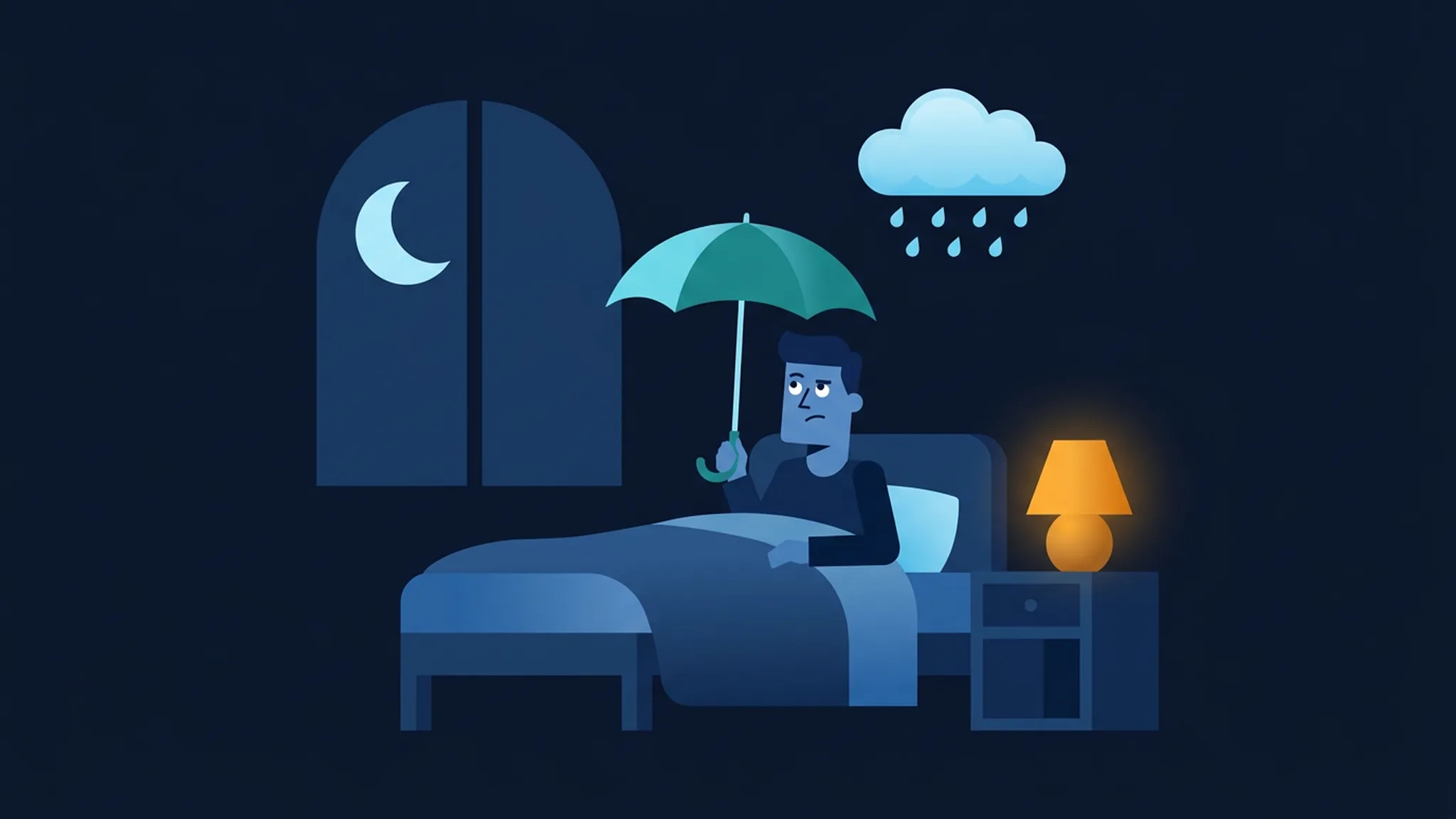 Illustration in Dunkelblau und Teal: Mann sitzt nachts mit kleinem Regenschirm im Bett, über dem Nachttisch schwebt eine winzige Regenwolke