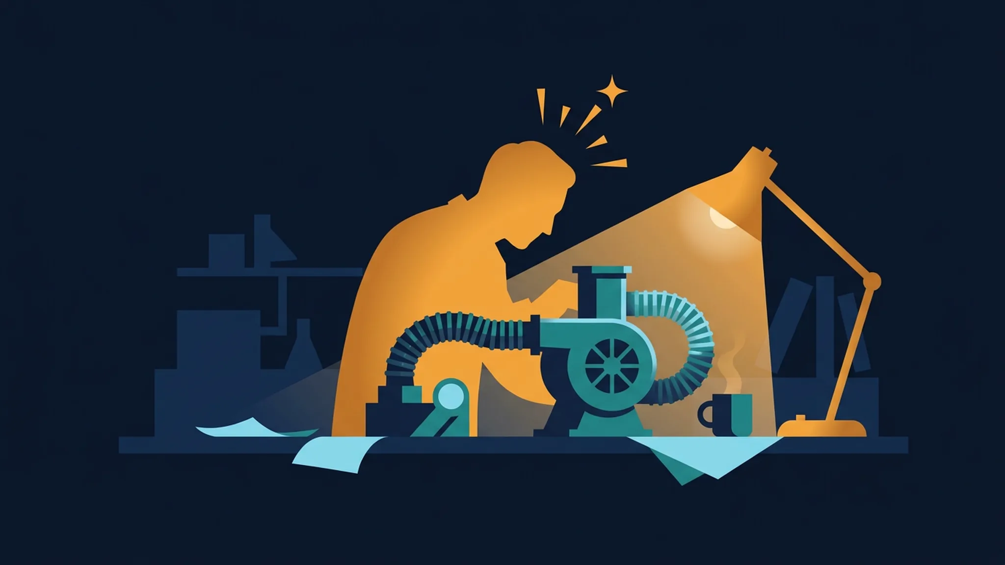 Illustration in Dunkelblau und Teal: ein Forscher tüftelt nachts an einer Werkbank an einem improvisierten Gerät aus Motor und Schläuchen, warmes Lampenlicht