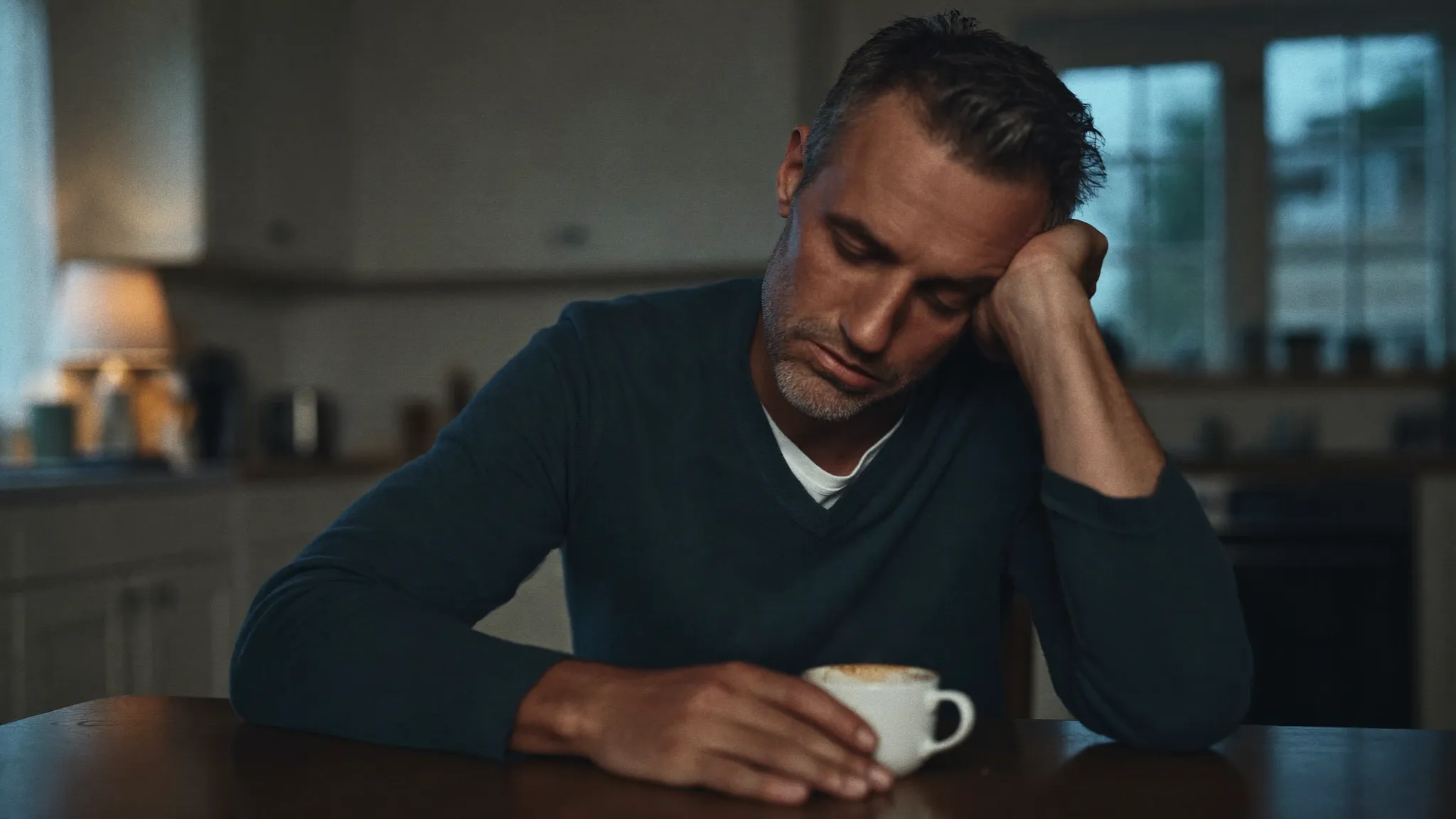Müde trotz CPAP: erschöpfter Mann sitzt morgens über seinem Kaffee am Küchentisch