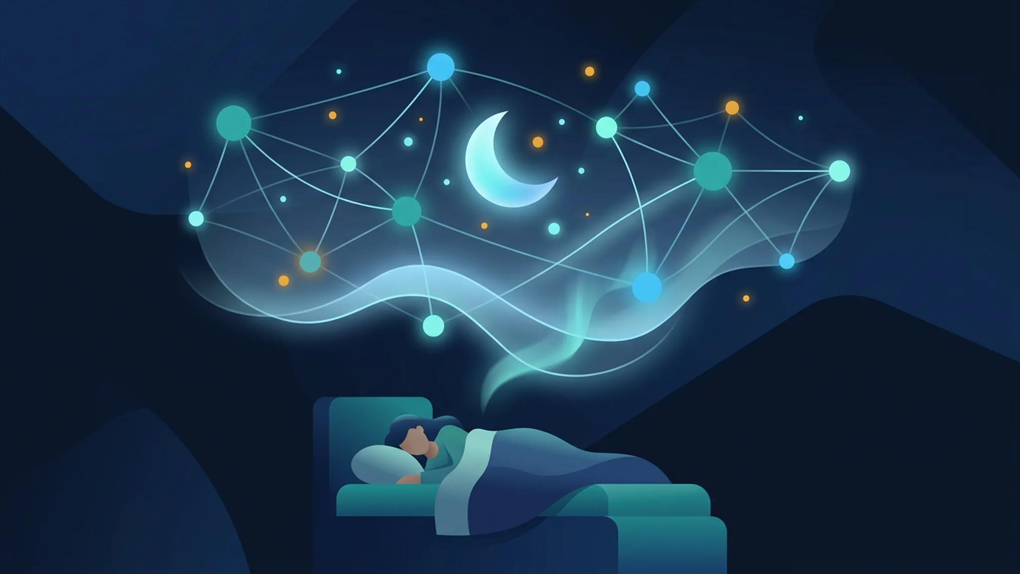 Illustration in Dunkelblau und Teal: Schläfer, über dem ein sanftes Netzwerk aus leuchtenden Knoten und Datenlinien in Schlafwellen übergeht