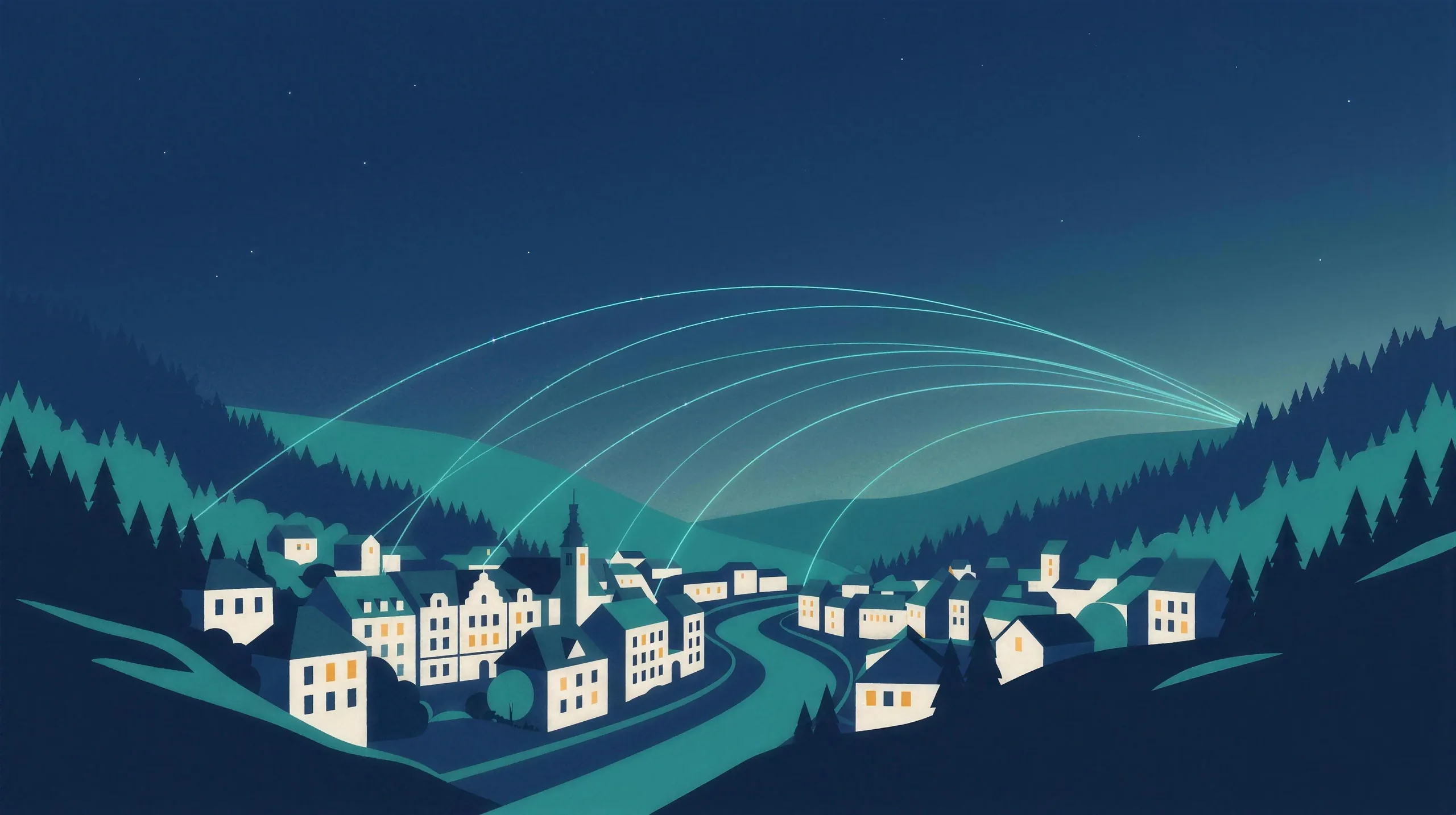 Illustration: eine kleine Stadt in einem Flusstal bei Nacht, von dort ziehen leuchtende Bögen über den Himmel