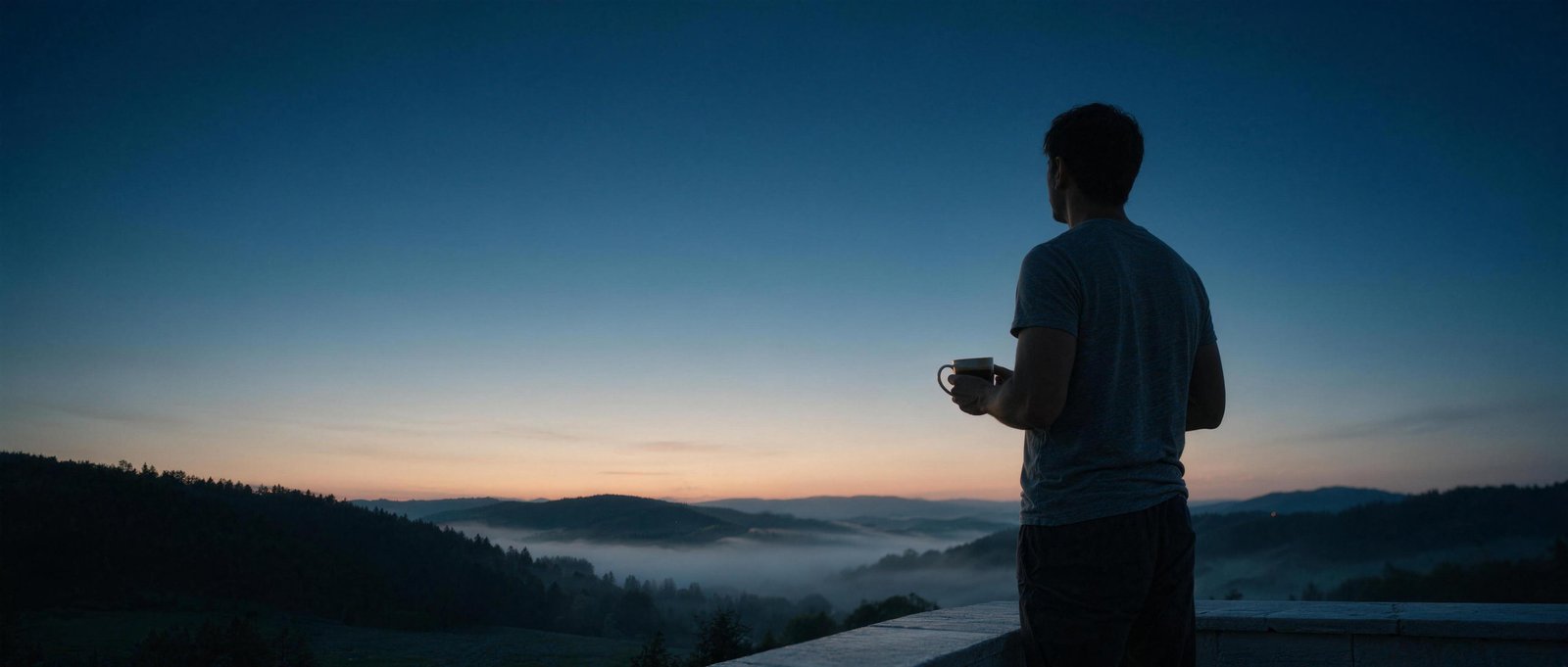 Mann mit Kaffeetasse von hinten auf dem Balkon, Blick in die erste Morgendämmerung über nebligen Hügeln