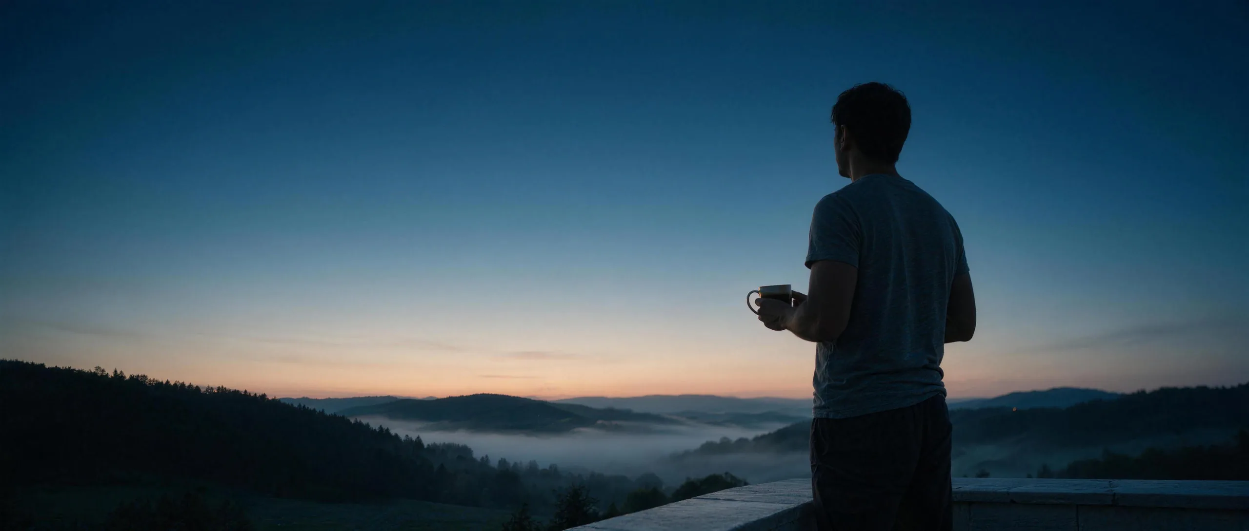 Mann mit Kaffeetasse von hinten auf dem Balkon, Blick in die erste Morgendämmerung über nebligen Hügeln