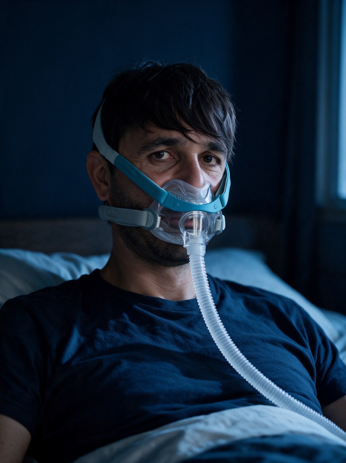 Mann lehnt nachts im Bett, trägt eine CPAP-Maske und blickt ruhig und selbstbewusst in die Kamera