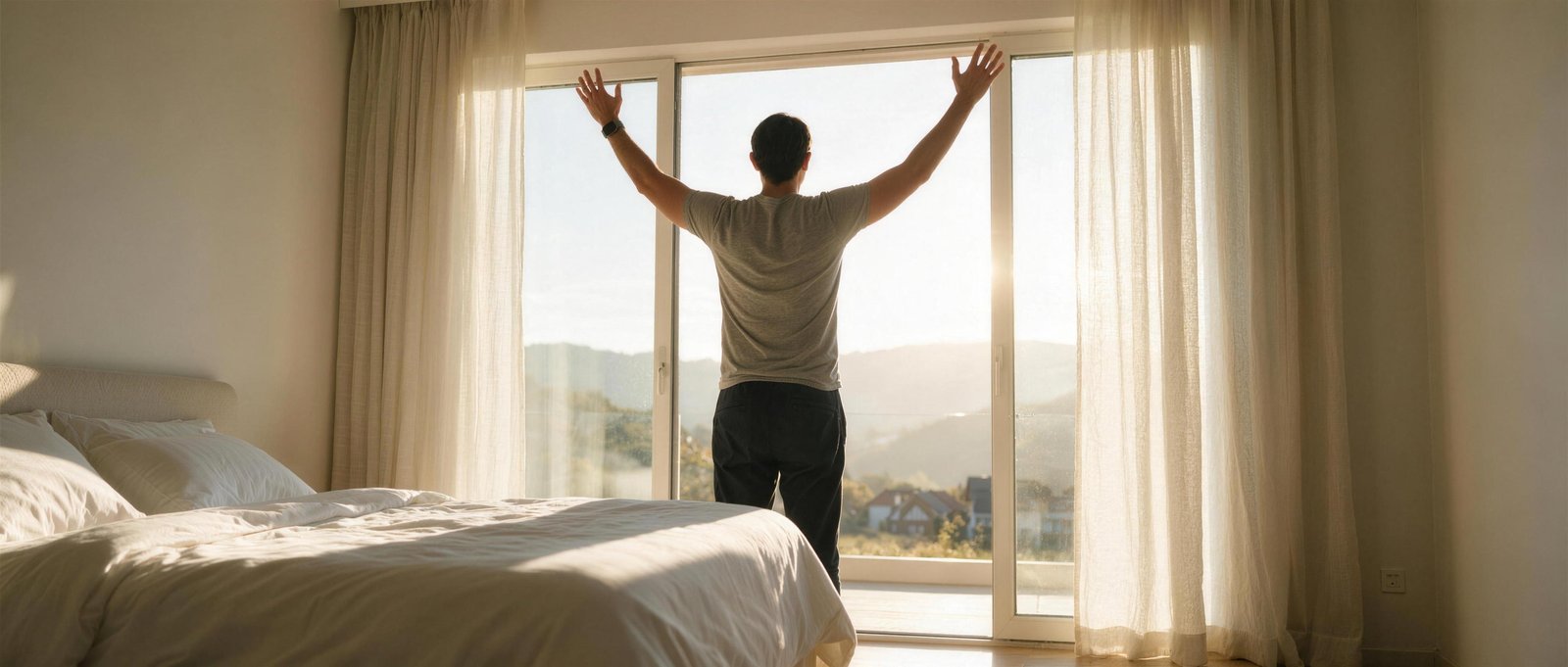 Mann streckt von hinten gesehen die Arme am offenen Fenster in die Höhe, warmes Morgenlicht über den Hügeln