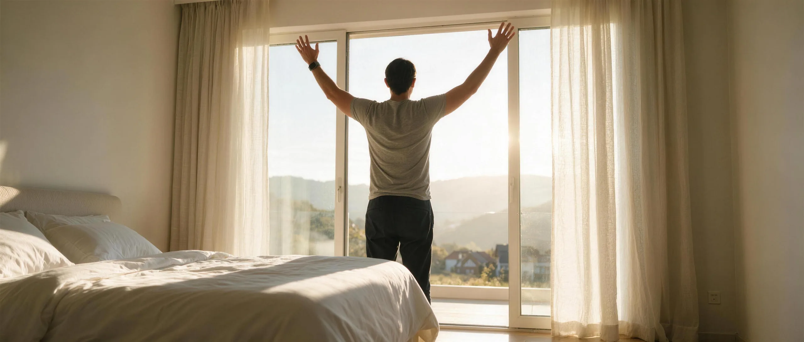 Mann streckt von hinten gesehen die Arme am offenen Fenster in die Höhe, warmes Morgenlicht über den Hügeln