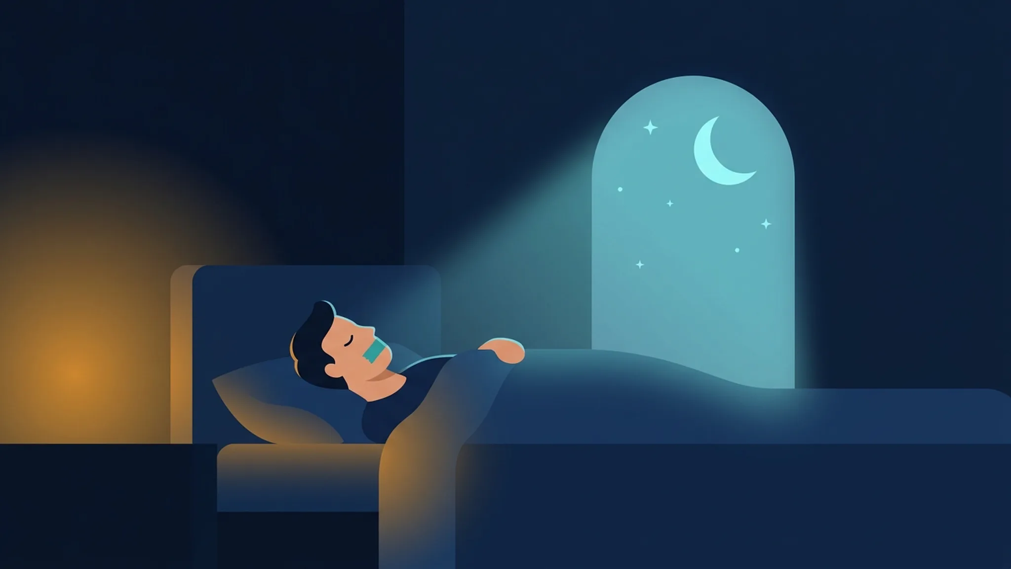 Illustration in Dunkelblau und Teal: Mann schläft mit geschlossenem Mund und einem schmalen Streifen über den Lippen, warmer Warnschimmer auf einer Seite