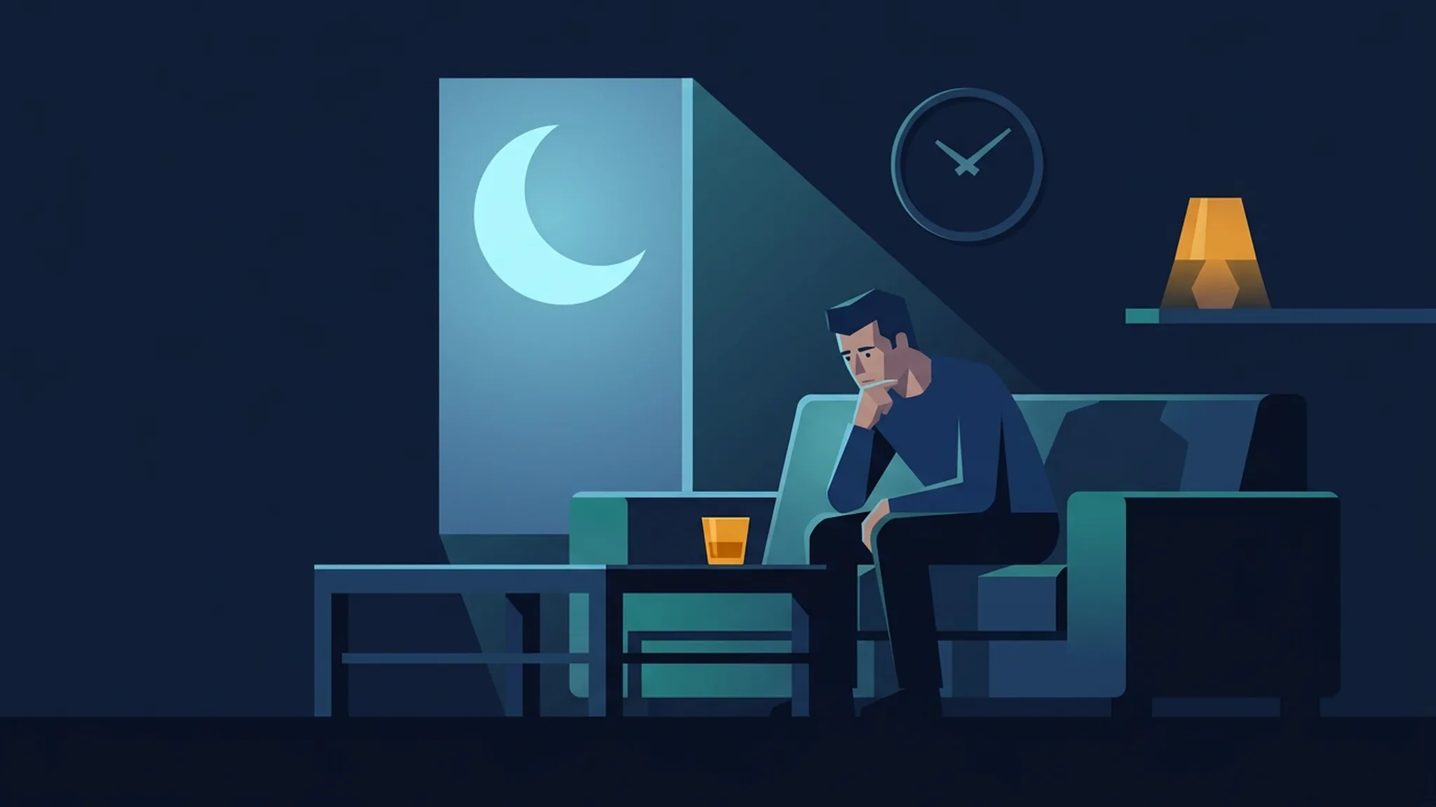Illustration in Dunkelblau und Teal: Mann sitzt abends nachdenklich auf dem Sofa vor einem Glas Bier, eine Wanduhr zeigt späte Stunde