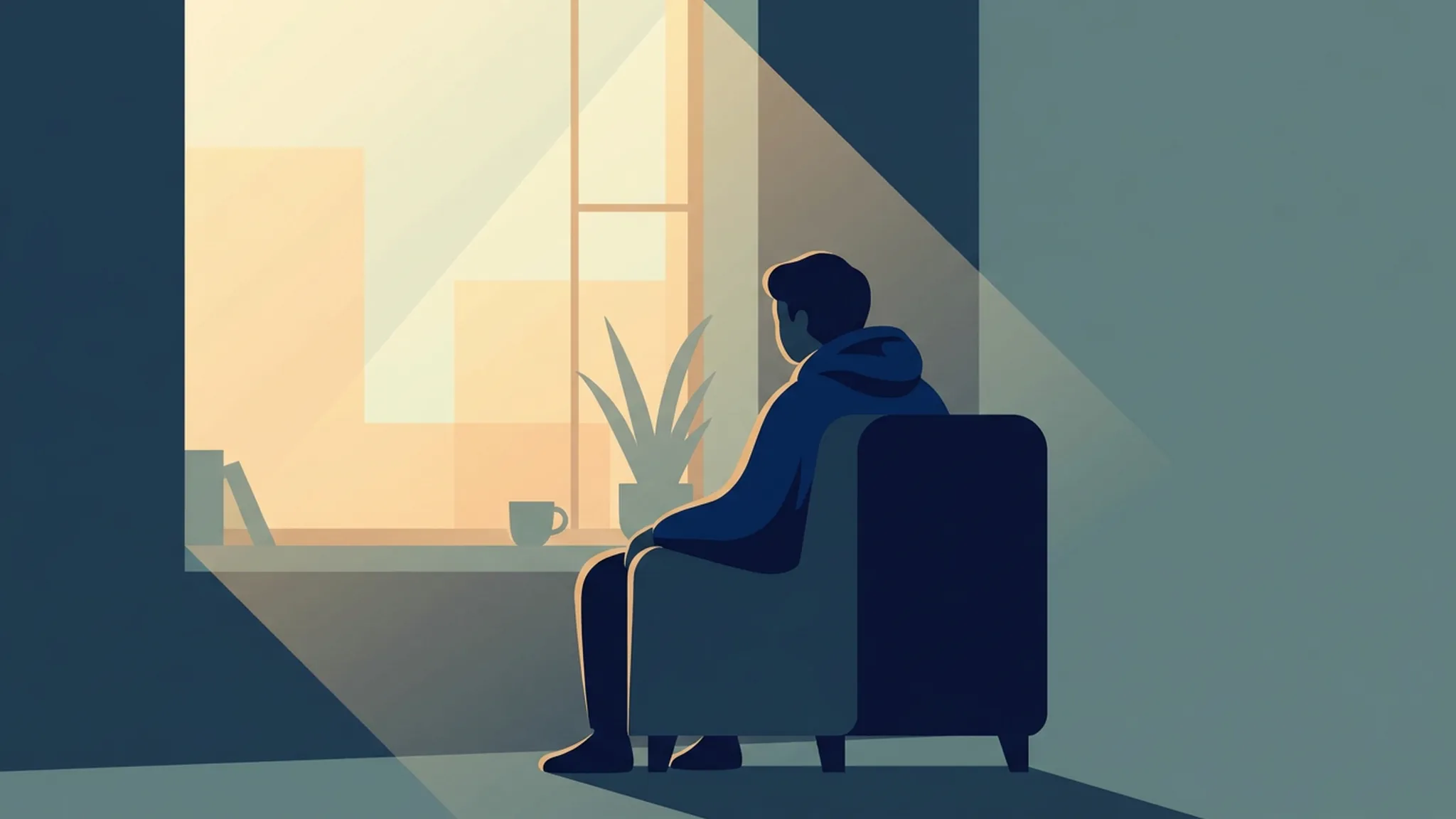 Illustration in Dunkelblau und Teal: eine Person sitzt nachdenklich am Fenster im Morgengrauen, gedämpftes Licht, ruhige Stimmung