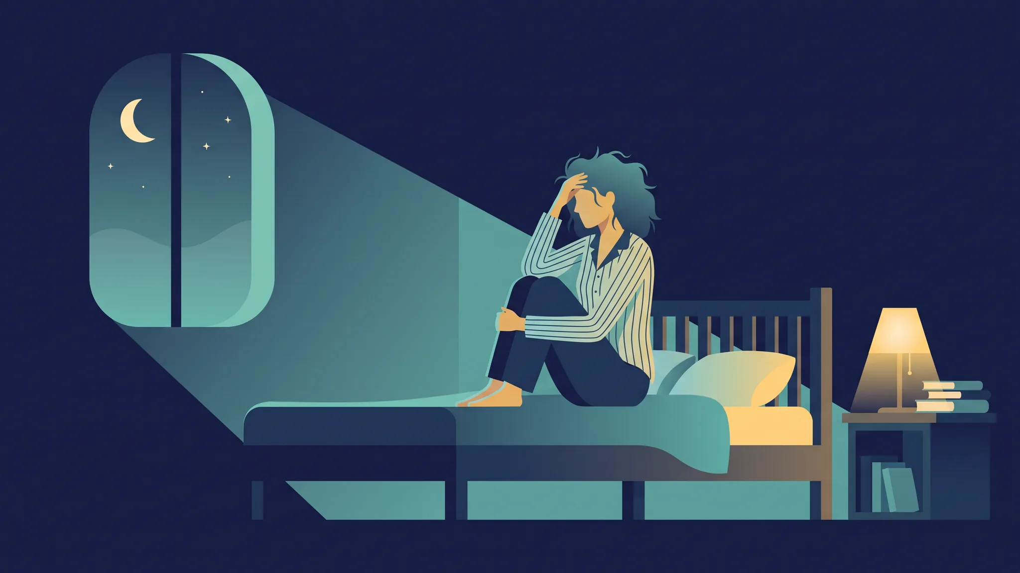 Illustration in Dunkelblau und Teal: Frau sitzt nachts wach an der Bettkante, das Fenster zeigt den Mond