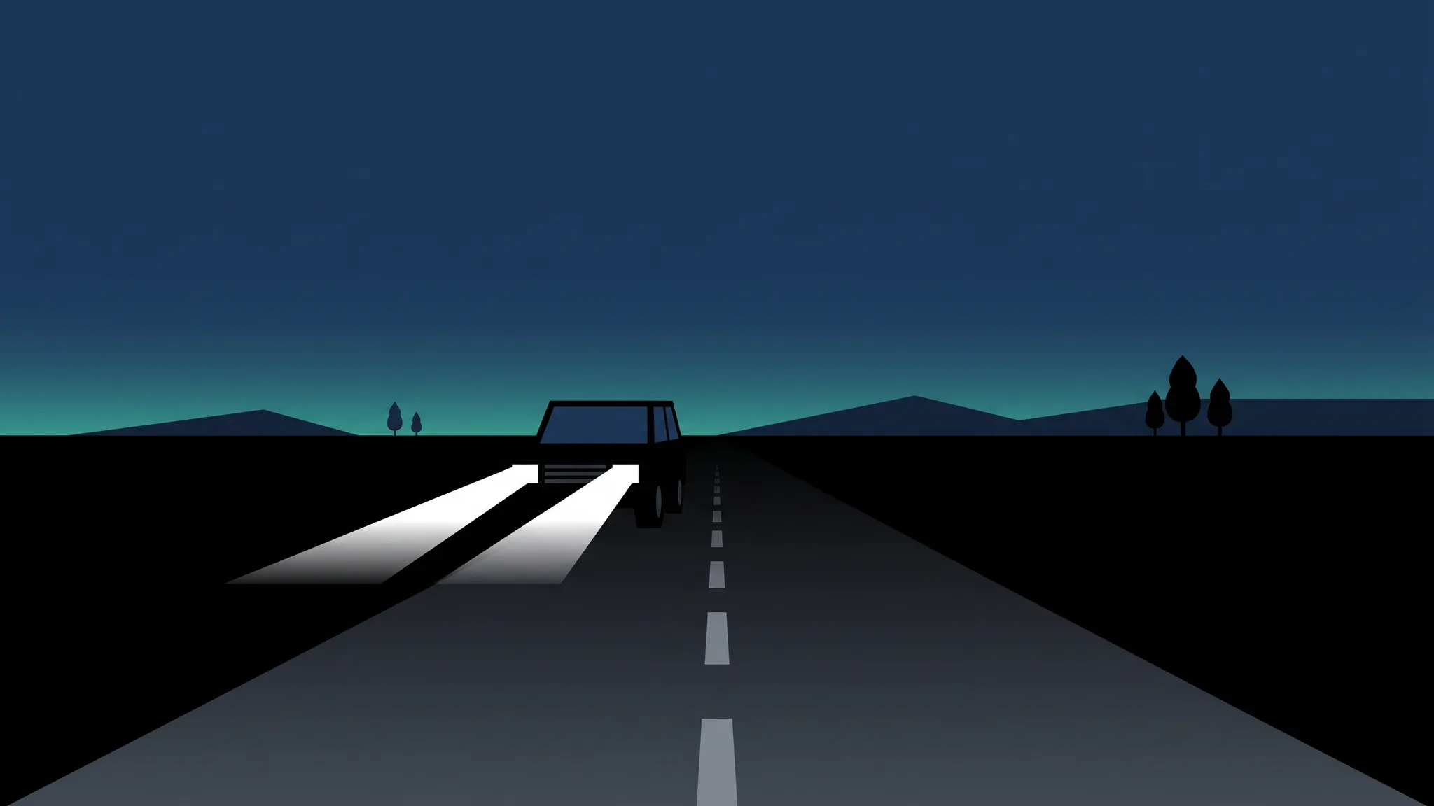 Illustration in Dunkelblau und Teal: Auto bei Nacht auf einer Landstraße, Scheinwerferlicht im Dunkel
