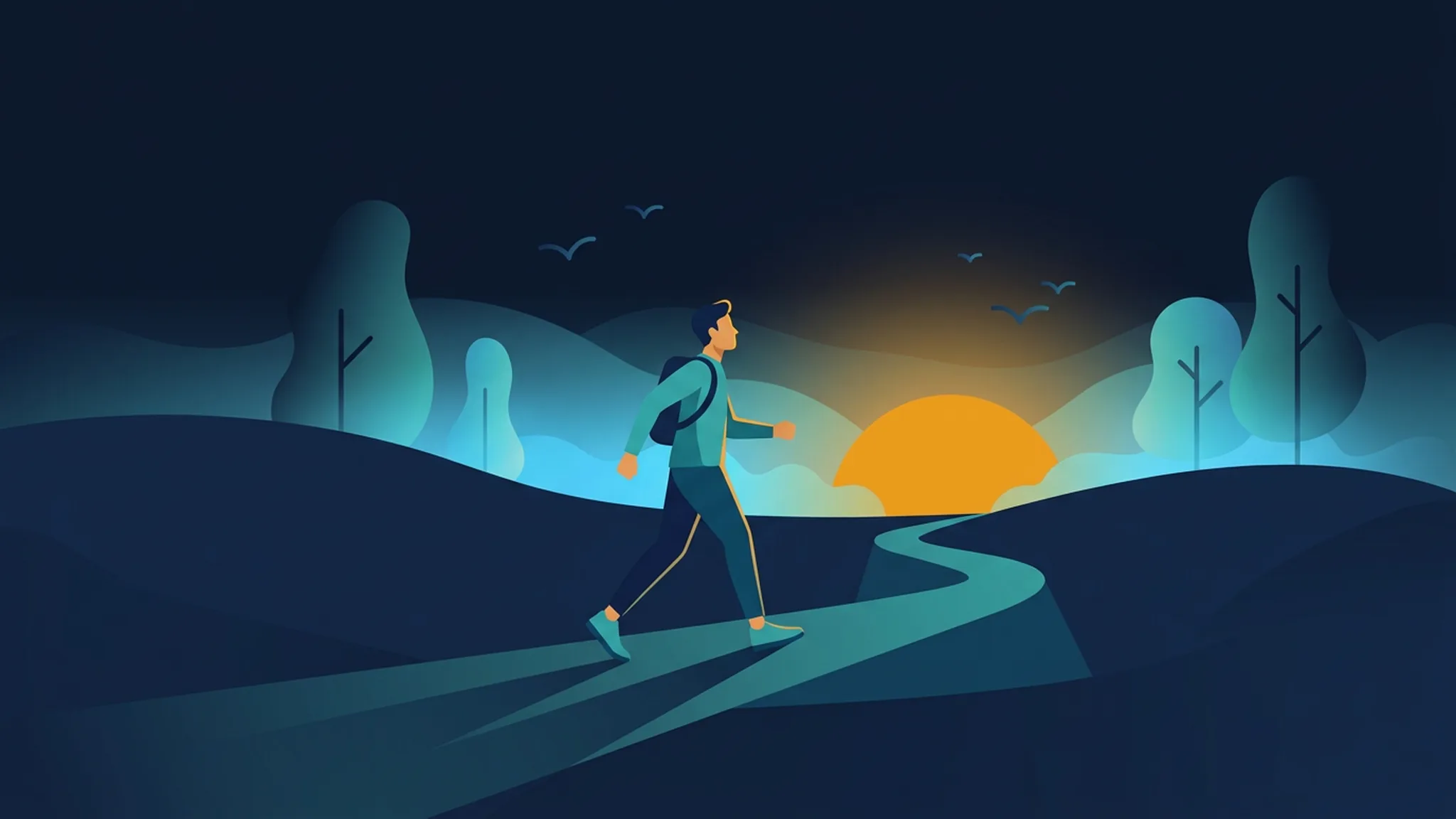 Illustration in Dunkelblau und Teal: Mann geht in der Morgendämmerung energiegeladen einen Hügelweg zur aufgehenden Sonne hinauf