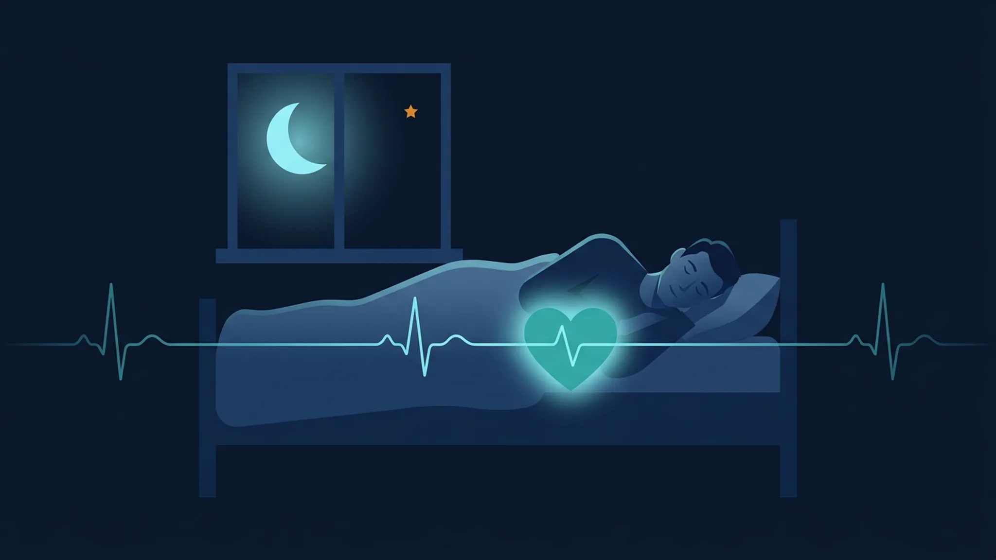 Illustration in Dunkelblau und Teal: Mann schläft auf der Seite, über seiner Brust leuchtet ein Herz mit einer Pulslinie