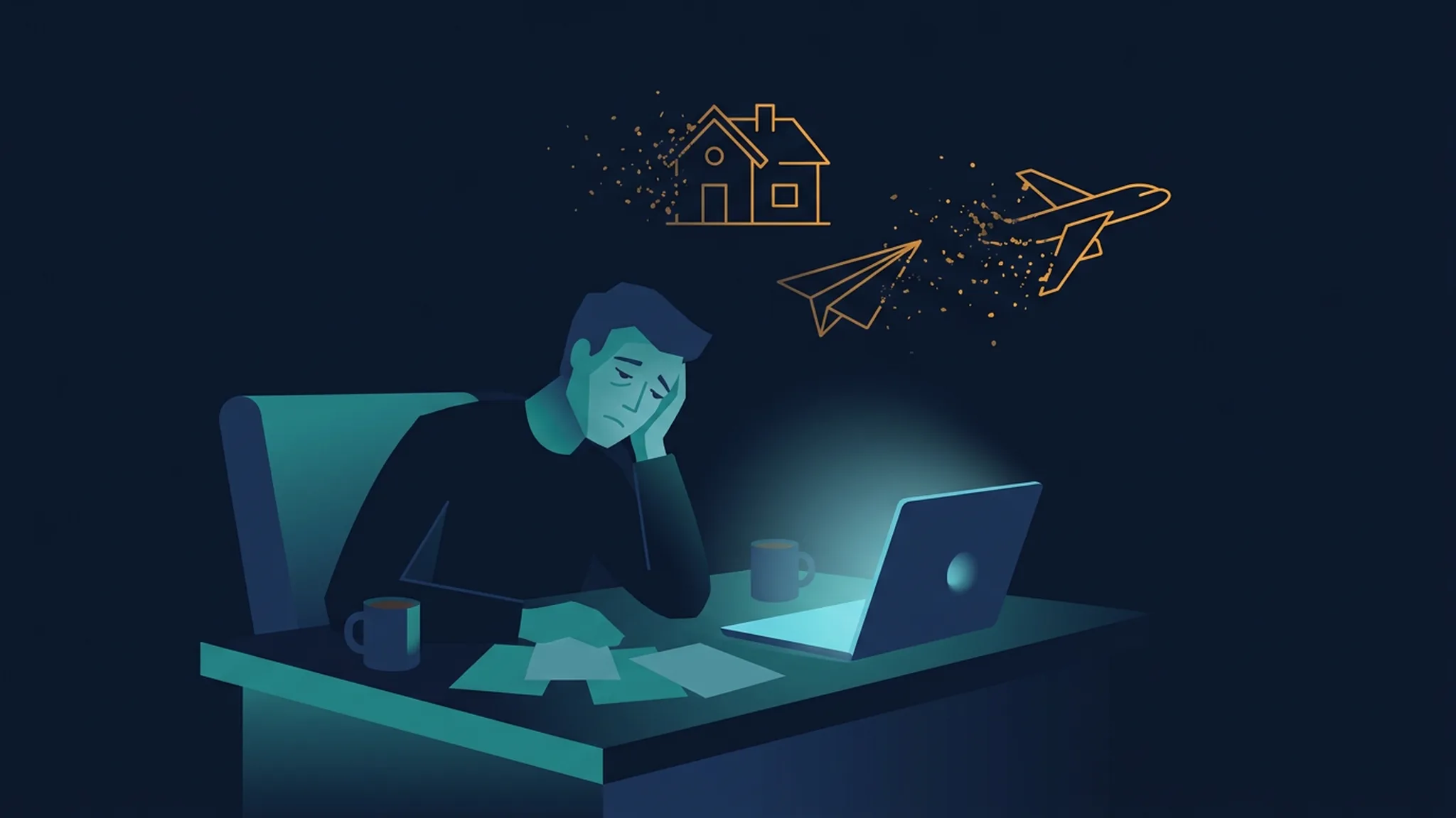 Illustration in Dunkelblau und Teal: erschöpfter Mann am Schreibtisch, über ihm verblassen ein kleines Haus und ein Flugzeug als Gedanken
