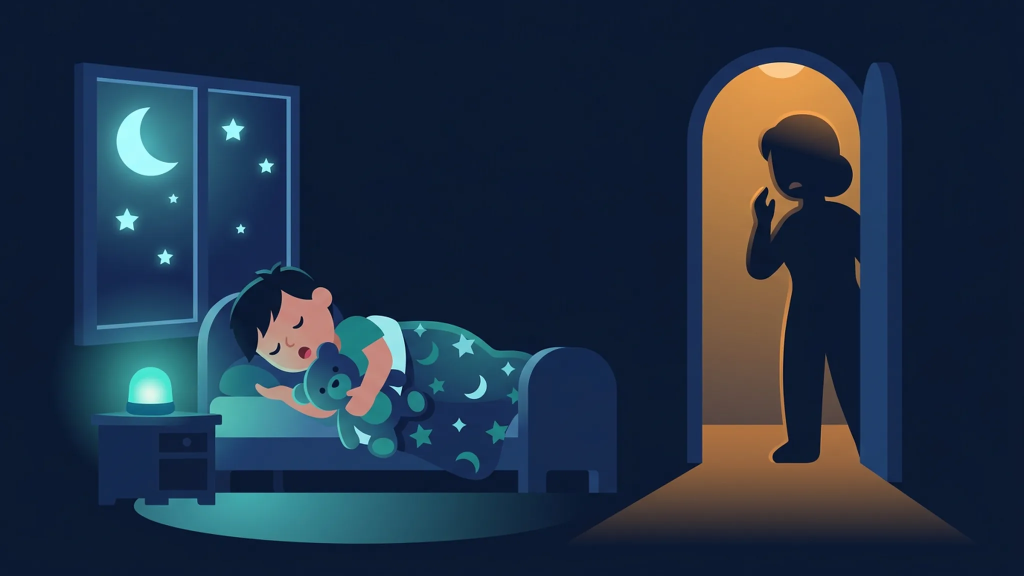 Illustration in Dunkelblau und Teal: Kind schläft mit Teddy im Bett, ein Elternteil steht besorgt in der beleuchteten Tür
