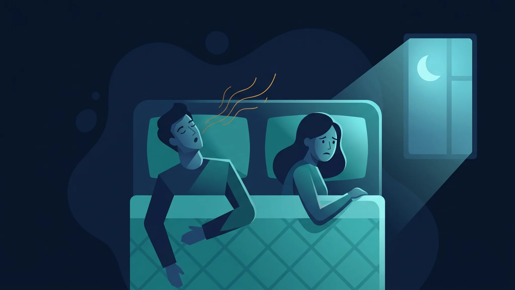 Illustration in Dunkelblau und Teal: Paar im Bett bei Nacht, er schläft, sie liegt wach und blickt zur Decke
