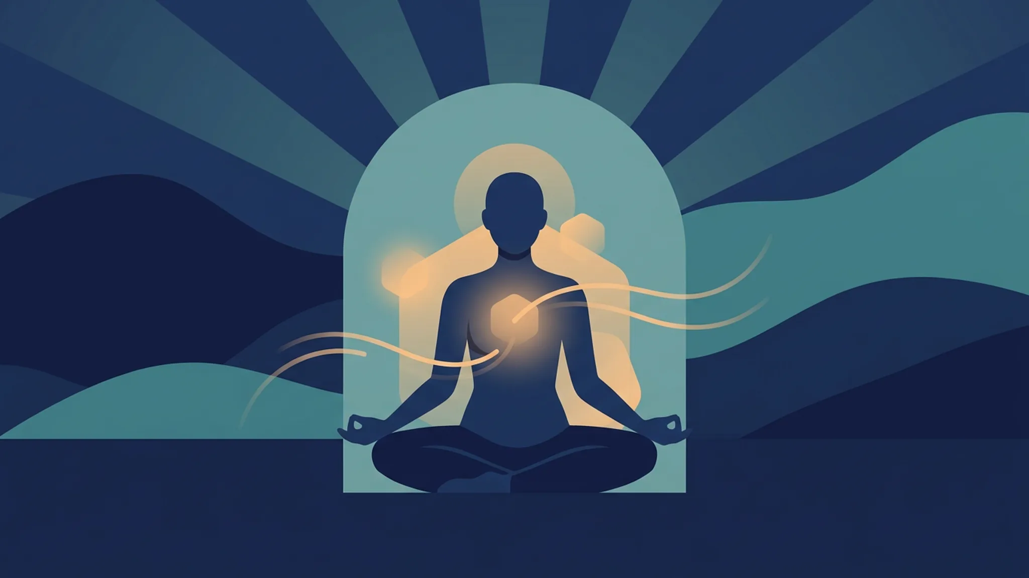 Illustration in Dunkelblau und Teal: Person atmet ruhig und aufrecht im Morgenlicht, Symbol für Training und Kräftigung