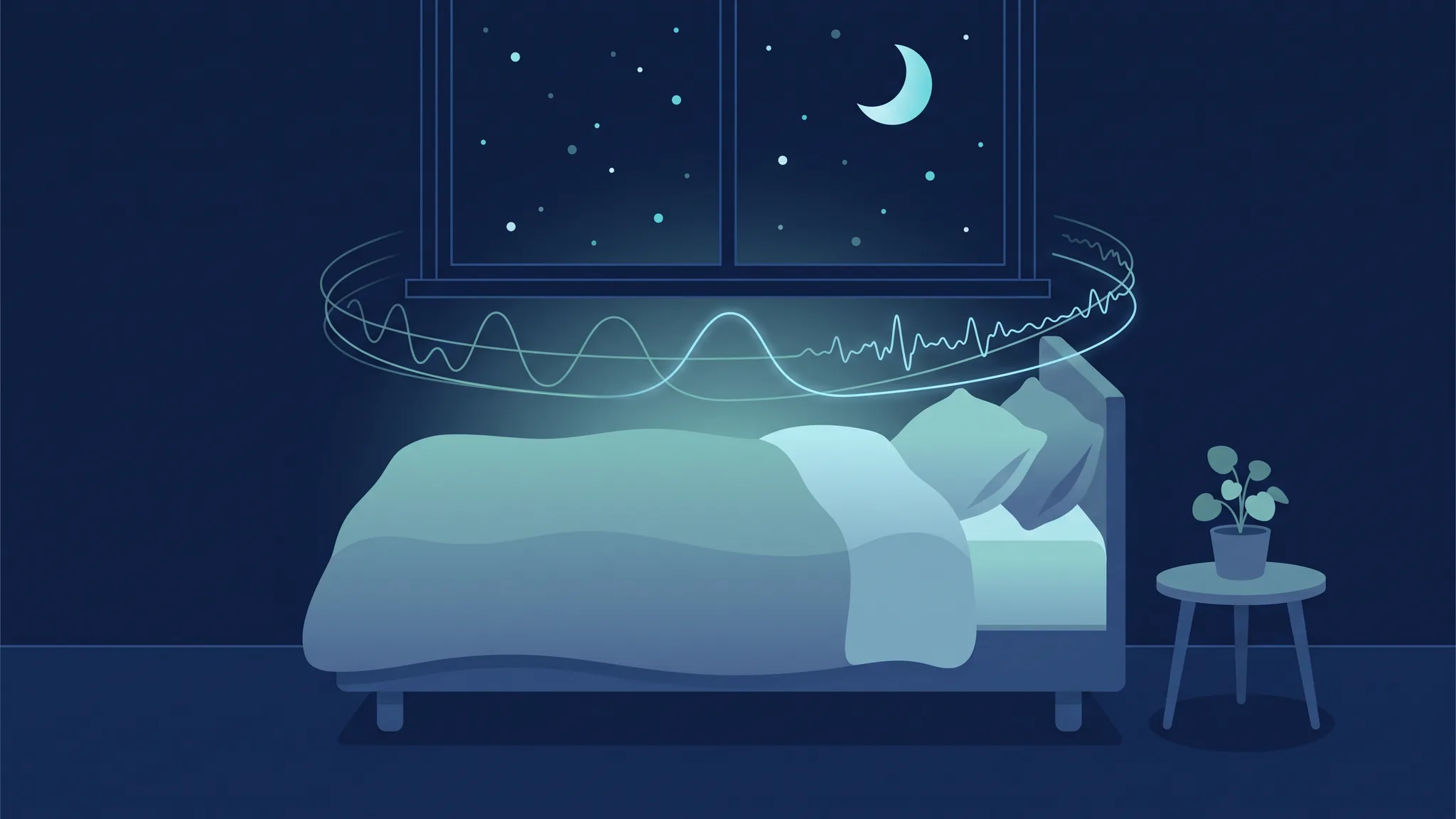 Illustration in Dunkelblau und Teal: Bett unter nächtlichem Himmel mit sanften Messkurven