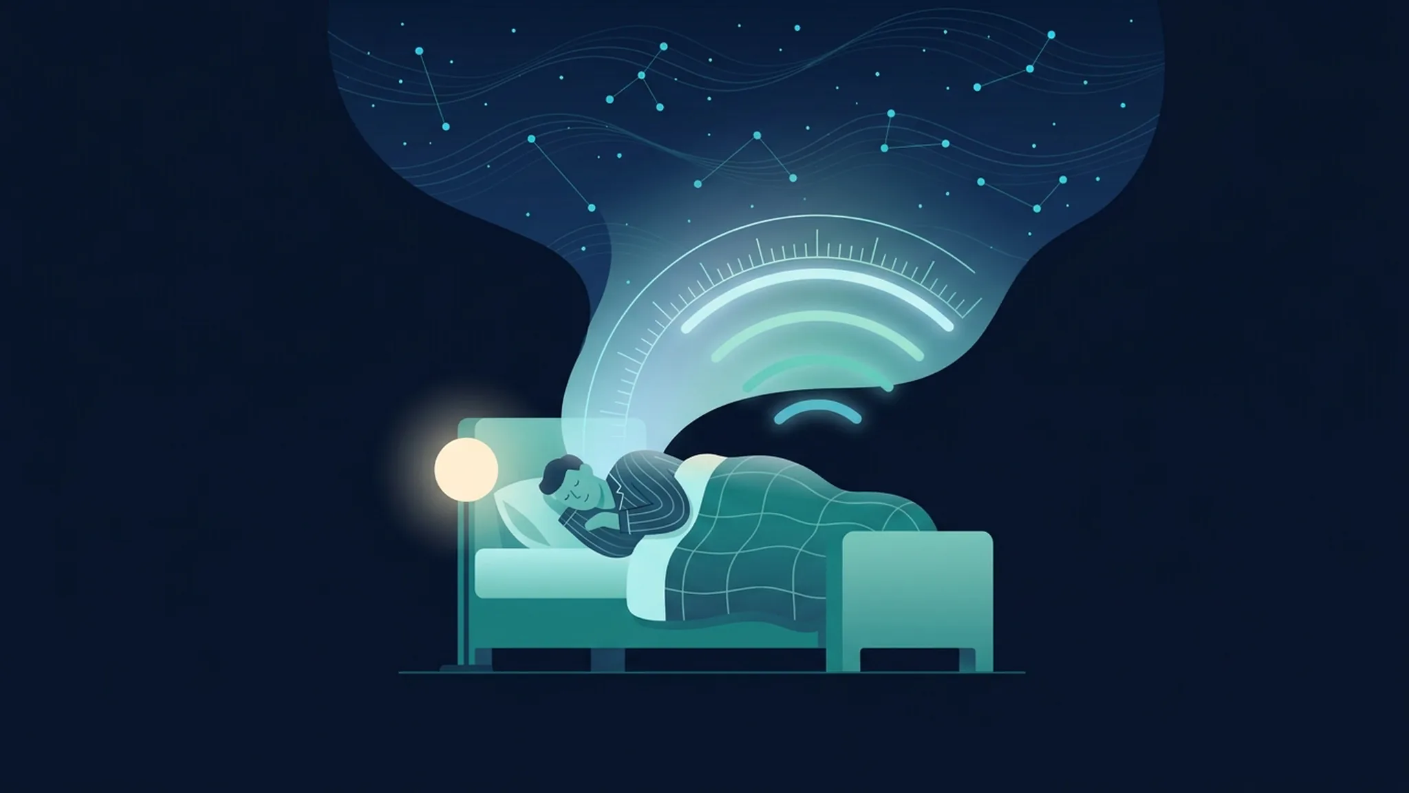 Illustration in Dunkelblau und Teal: Mensch schläft ruhig im eigenen Bett, über ihm steigen sanfte Messkurven wie ein Sternenhimmel auf