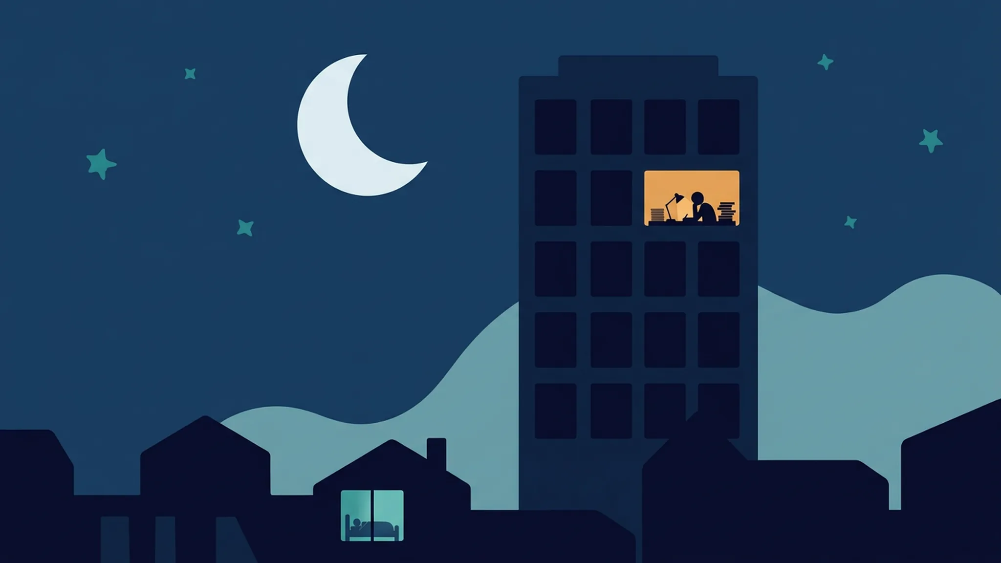 Illustration in Dunkelblau und Teal: nächtliche Stadt, im Bürohochhaus leuchtet ein einzelnes Fenster, darin arbeitet eine Silhouette am Schreibtisch zwischen Papierstapeln, unten schläft jemand hinter einem sanft beleuchteten Fenster