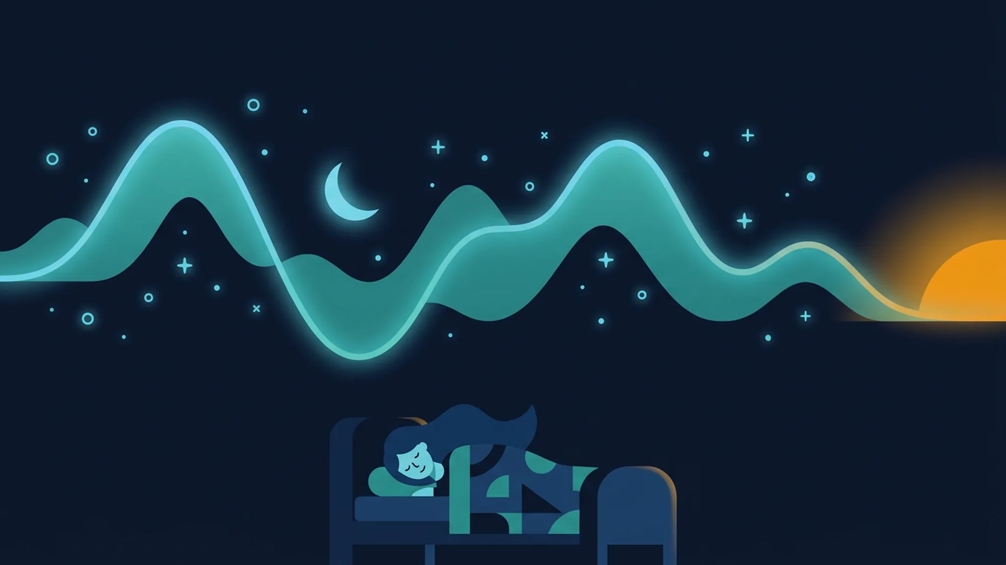 Illustration in Dunkelblau und Teal: Schläfer, über dem sich eine wellenförmige Linie wie eine Berglandschaft durch die Nacht zieht