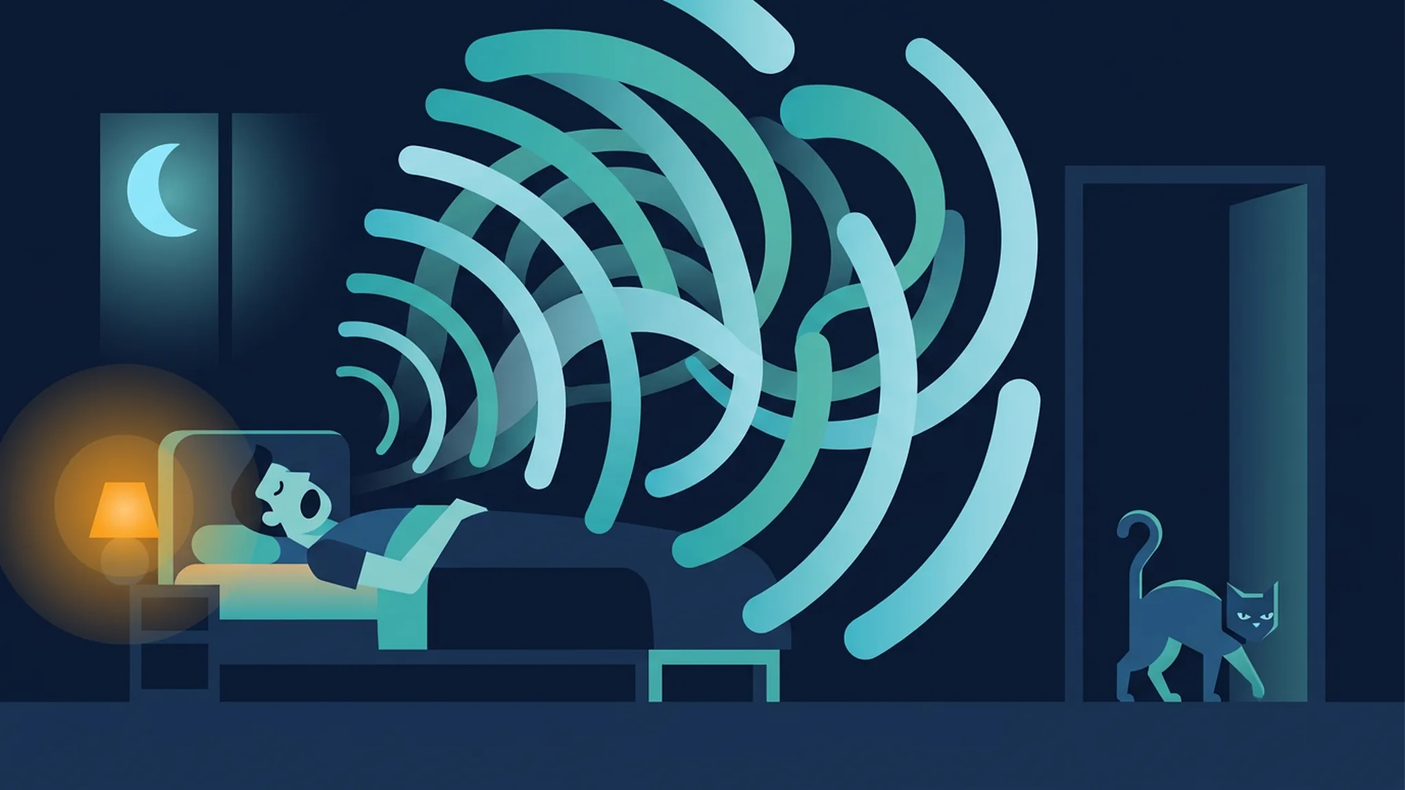 Illustration in Dunkelblau und Teal: Mann schläft mit offenem Mund, Schallwellen füllen den Raum, eine Katze verlässt genervt das Zimmer