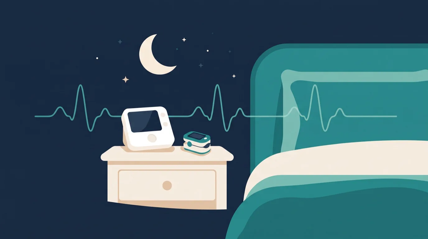 Illustration in Dunkelblau und Teal: ein kleines Messgerät und ein Fingerpulsoximeter liegen auf einem Nachttisch neben dem Bett, eine Messkurve zieht sich durch die Nacht
