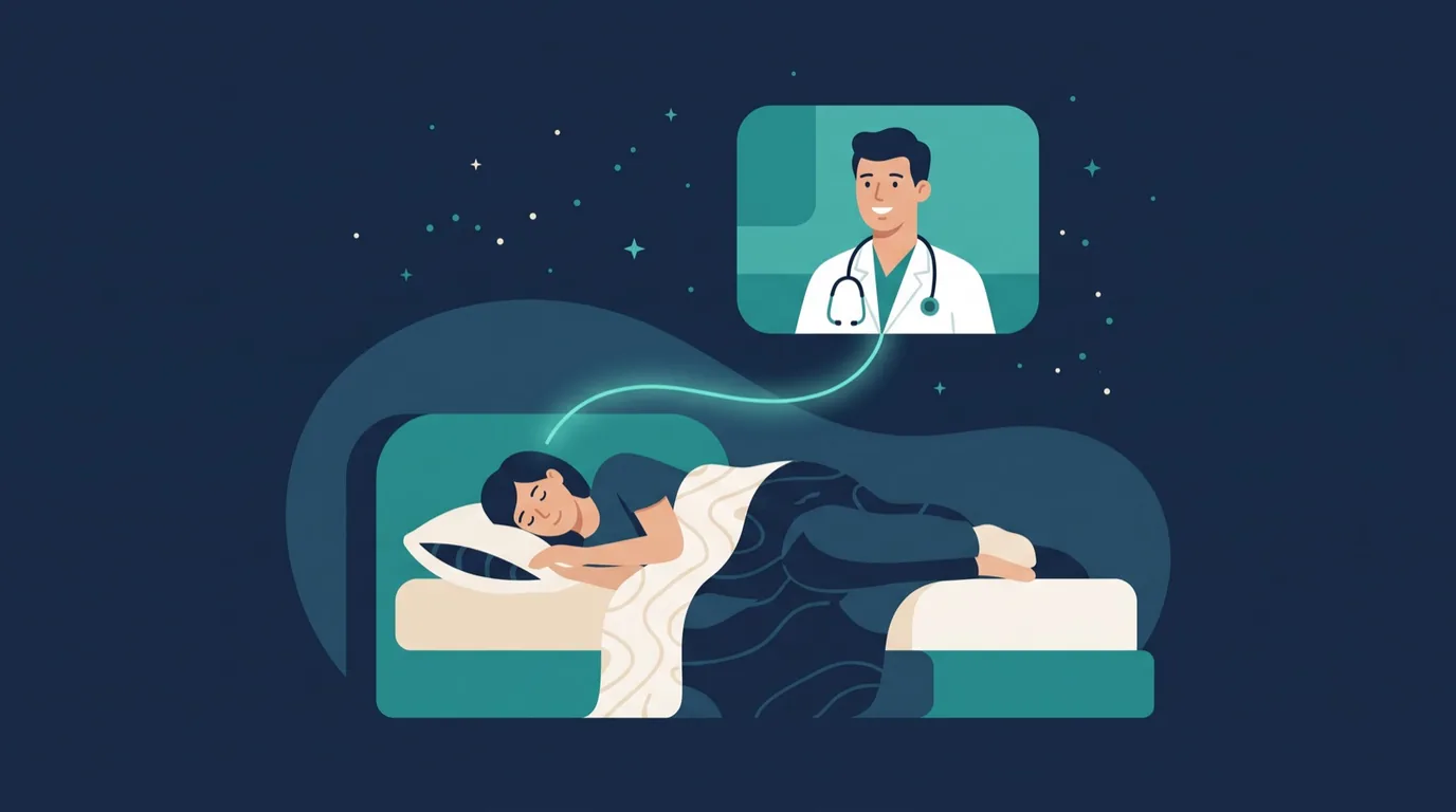 Illustration in Dunkelblau und Teal: ein Mensch schläft ruhig im eigenen Bett, eine sanfte Linie verbindet das Bett mit einem Arzt in einem Videofenster über dem Schläfer