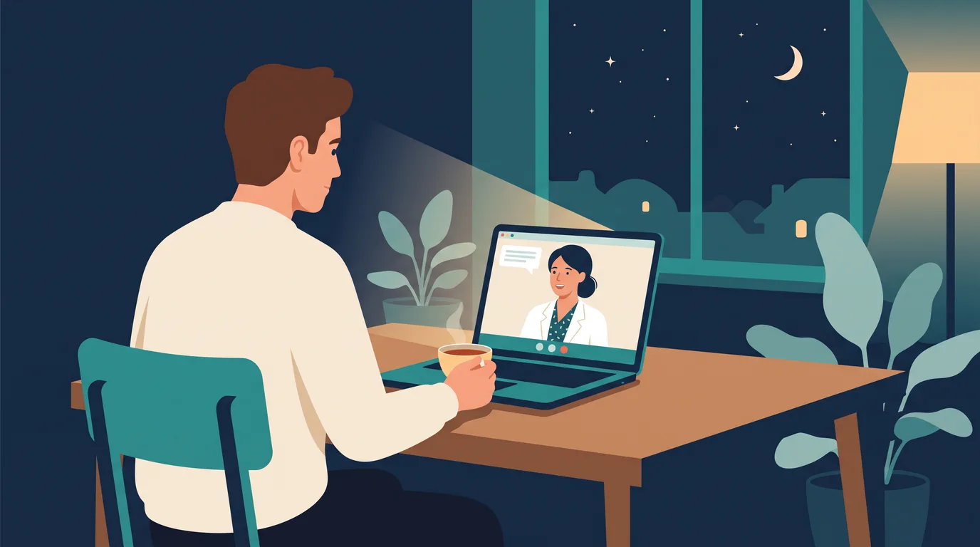 Illustration in Dunkelblau und Teal: ein Mann sitzt abends mit einer Tasse Tee am Tisch und spricht per Video mit einer Ärztin, hinter ihm ein Nachtfenster mit Sternen