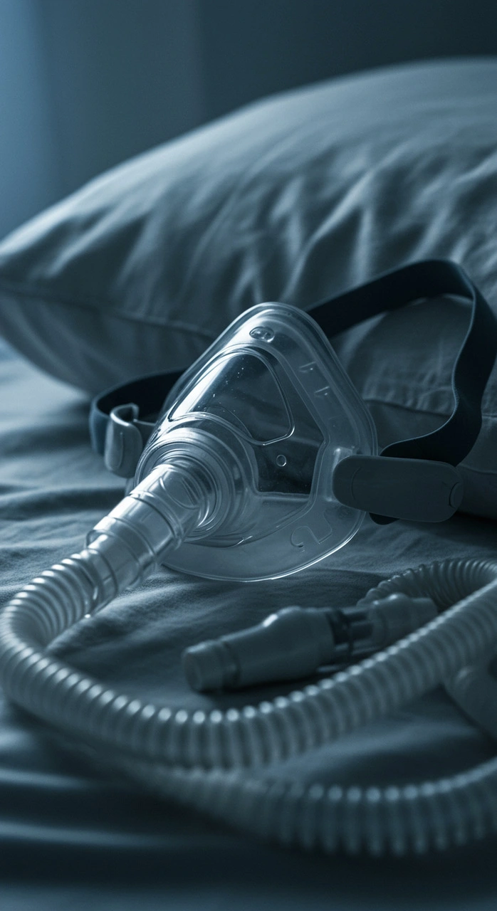 Generated-image-3-_1__Easy-Resize.com Nahaufnahme einer schief liegenden CPAP-Maske und eines verhedderten Schlauchs auf einem Kissen, verdeutlicht die anfänglichen Schwierigkeiten und Frustrationen mit der CPAP-Therapie."