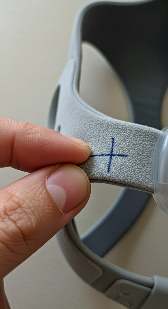 image-_12__Easy-Resize.com Finger zeigt auf eine präzise Markierung am Kopfband einer CPAP-Maske, die die individuelle und optimale Einstellung für besseren Halt symbolisiert.