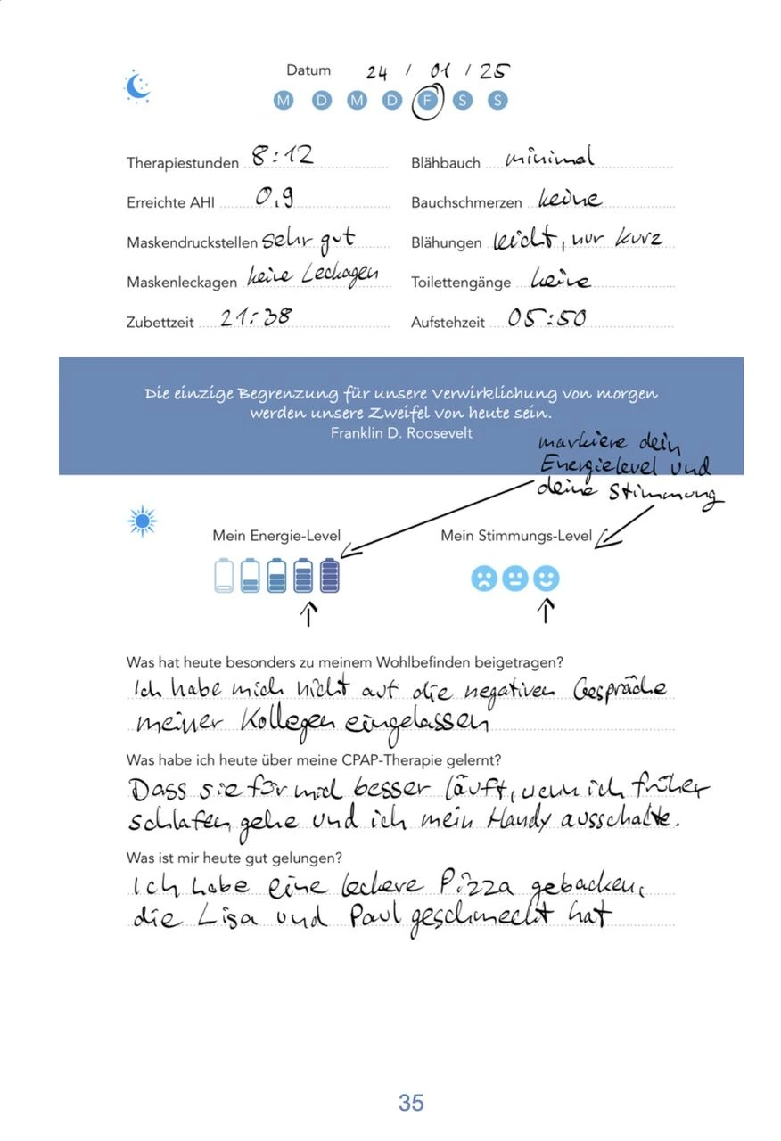 Innenseite: Tägliches Protokoll für AHI Werte und Maskensitz